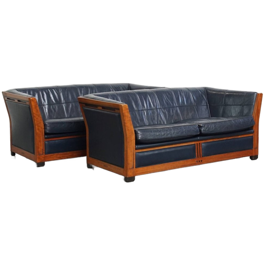 Luxe Set 2.5 Zits Schuitema Art Deco Design Banken Met Mooi Houtwerk En Donkerblauw Rundleer 1
