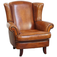 Sierlijke Schapenleren Oorfauteuil Met Zwarte Biezen En Klassieke Vormen