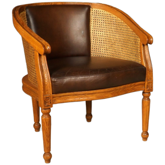 Vintage Fauteuil – Rotan – Bruin Leder – Jaren 80 1
