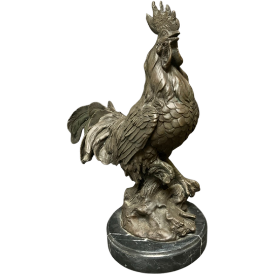 Prachtige Bronzen Haan Op Marmeren Sokkel 1