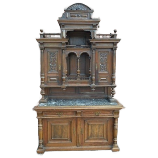 Antieke Buffetkast Uit 1880–1890 Met Marmeren Blad En Dubbele Toog 1