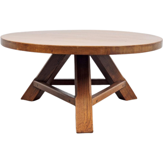 Brutalist Rond Massief Eiken Salontafel 1960 Tripod Vintage 1