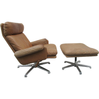 Mid-Century Vintage Cognac Leren Lounge Draai Fauteuil Met Voetenbank, Jaren 70