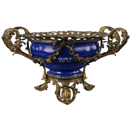 Groot Antiek Tafelstuk In Brons & Porselein 1