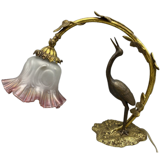 Antieke Art Nouveau Tafellamp – Kraanvogel & Bladerenboog 1