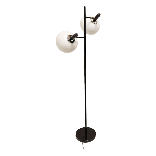 Vintage Zwarte Design Vloerlamp Met 2 Witte Mushroom Kappen, Jaren '70