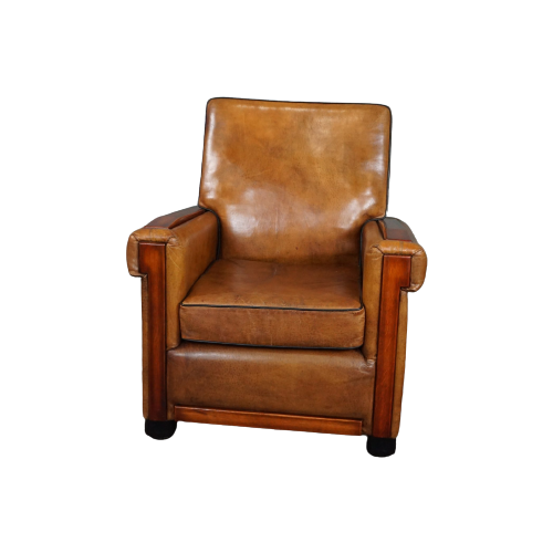 Strak Vormgegeven Schapenleren Art Deco Design Fauteuil