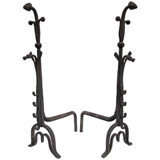 Handgesmede Ijzeren Haardijzers/ Vuurbokken Met Draken, 17e Eeuw Gotisch 1