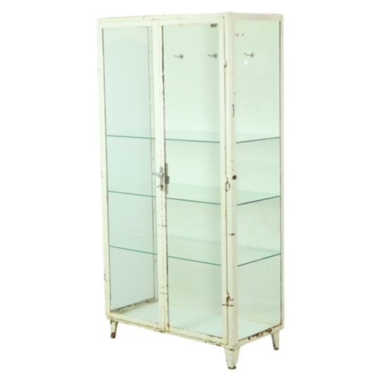 Oude Metalen Apothekerskast Medicijnkast Glas Industrieel 1970s 1