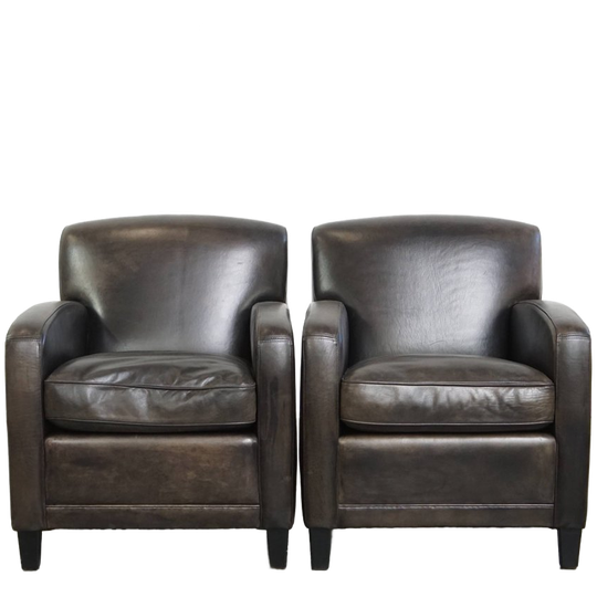 Stijlvolle, Tijdloze En Zeer Comfortabele Set Van 2 Zwart/ Grijze Schapenleren Design Fauteuils 1