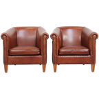 Set Van 2 Elegante En Stijlvolle Engelse Stijl Clubfauteuils Gemaakt Van Rundleer thumbnail 1