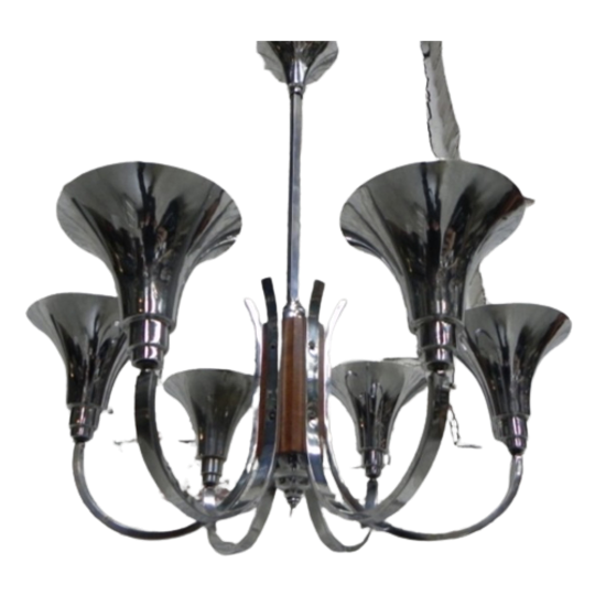 Grote Art Deco Hanglamp Met 6 Verchroomde Kelken 1