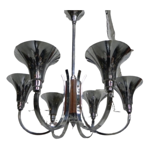 Grote Art Deco Hanglamp Met 6 Verchroomde Kelken