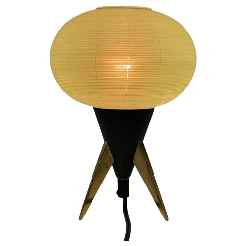 Atomic Age / Mid Century Modern - Tripod Lamp With Green Glass Shade On Brass Feet
