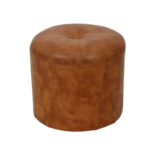 Ronde Vintage Houten Poef Bruin Skai Leder Patchwork Sixties 1