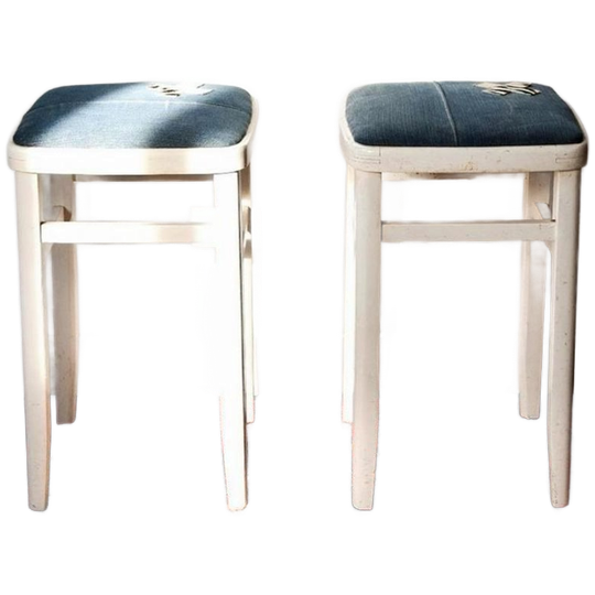 Vintage Brocante Witte Houten Krukken Met Nieuwe Stoffering 1