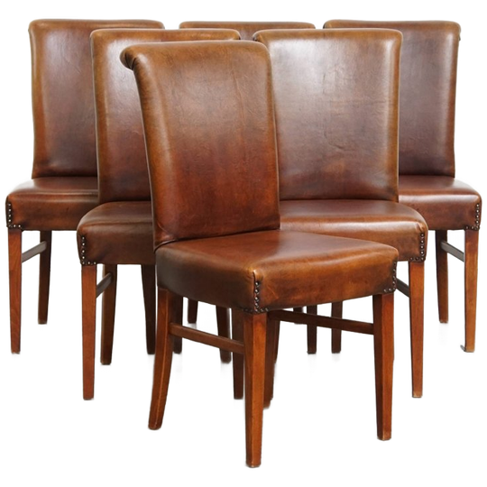 Set Van 6 Comfortabele, Statige Eetkamerstoelen Van Schapenleer 1
