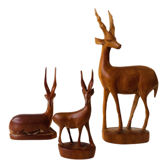 Mid-century Teak Houten Set Herten Antilopen Gazellen Beeldjes 1