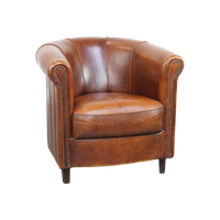 Schapenleren Clubfauteuil In Een Charmante Cognac Kleur En Afgewerkt Met Biezen Op De Rugleuning