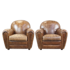 Set Van 2 Zeer Comfortabele Karaktervolle Generfde Rundleren Armchairs Met Een Tijdloos Design En thumbnail 1