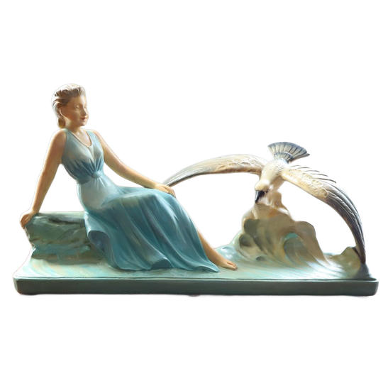 Art Deco Beeld Vrouw Meeuw En Golf, Jaren '20/'30. 1