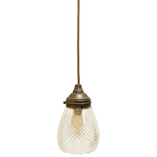 Antieke Hanglampje Brons En Geslepen Kristal Glazen Kap, Begin 1900. 1