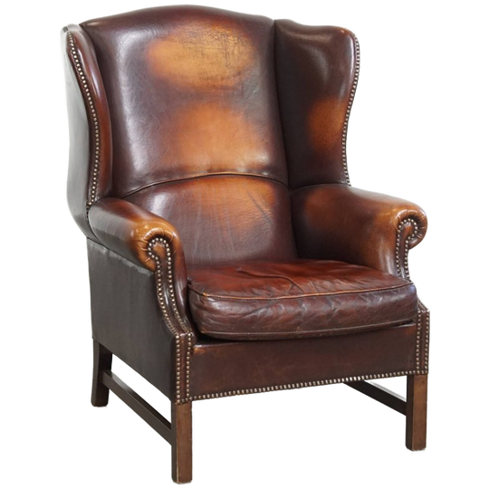Luxe, Klassieke En Comfortabele Donkere Engelse Stijl Schapenleren Oorfauteuil Met Veel Karakter 1