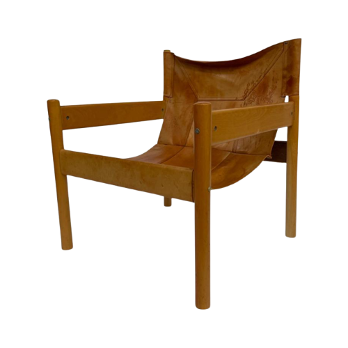 Vintage Safari Fauteuil Jaren 70, Cognac Leer Patina