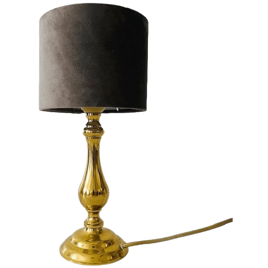 Hollywood Regency Vintage Tafellamp Messing Goud Grijs Velours 1