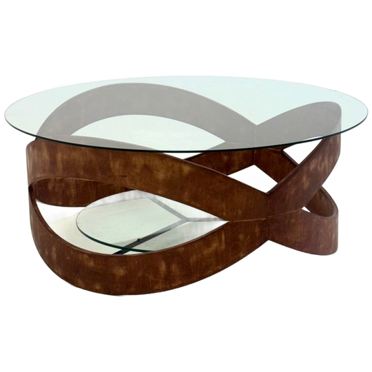 Vintage Ronde Salontafel Met Sculpturaal Houten Frame 1