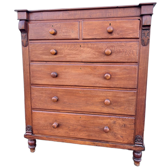 Strakke Antiek Engels Eiken Zes- Ladekast Met Knoppen, 120 Cm Breed 1