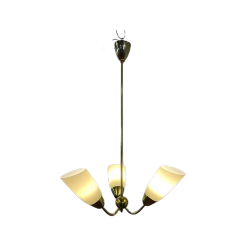 Vintage Hanglamp Artdeco 3 Armen Geel Glas En Messing