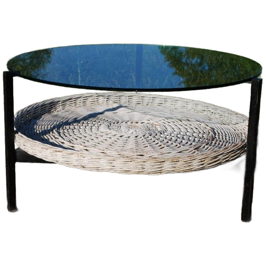 Retro Salontafel Met Rotan Mand En Glazen Blad 1