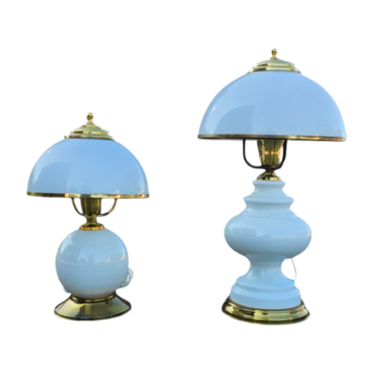 2 X Classic White Opaline Glass Table Lamps 1970s 1