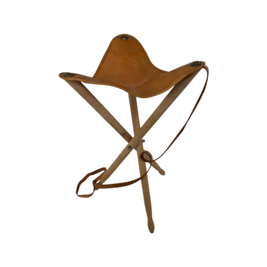 Hunting Chair - Foldable Tripod Stool - Wood And Leather Upholstery - Military Campaign Style - L 1