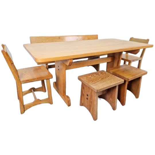 Vintage Eetkamer Set Schragentafel Bank Stoelen Krukken ´60 1