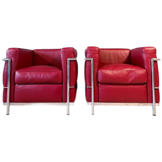 2 Vintage Lc2 Le Corbusier Chairs In Red Leather, Italy, 80s 1
