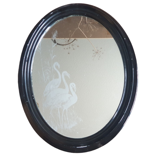 Vintage Spiegel Met Flamingo`S In Het Glas Zwarte Rand