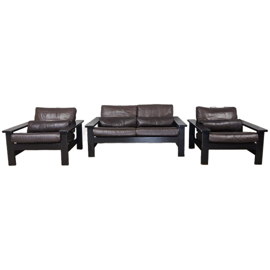 Set Vintage Lederen Zitgroep - Bank En 2 Fauteuils (60s) Jaren 60 ( Mid Century) Lounge Set (zithoek) 1