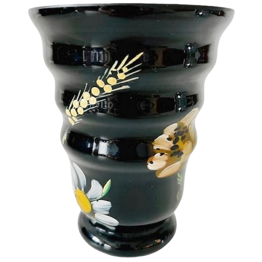Art Deco Booms Vaas Zwart Glas Met Handgeschilderde Bloemen 1930’s 1