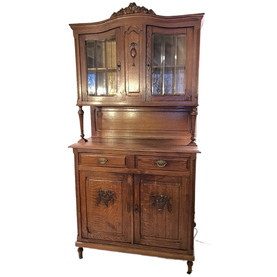 Antiek Eiken Twee Delige Buffetkast Met Geslepen Glas, In Hele Goede Staat 1