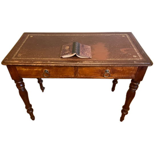 Magnifiek Bureau Werktafel Leer En Ingelegd Met Bladgoud 19e Eeuws Frans 1