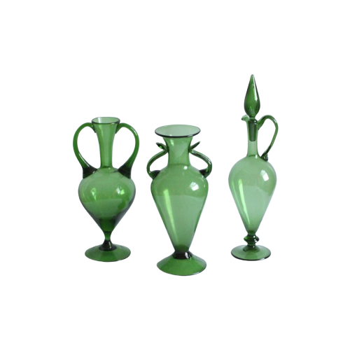 Etruscan Shaped Vases, Empoli Glass, 1940S, Italy, Set Of 3