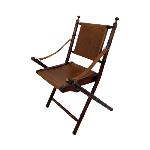 Officer’S Chair - Wood And Leather Upholstery - Military Campaign Style