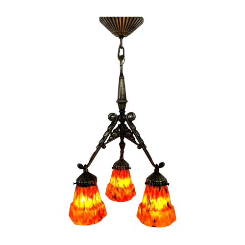 Art Deco Hanglamp Met 3 Oranje Glazen Kappen, Jaren 30