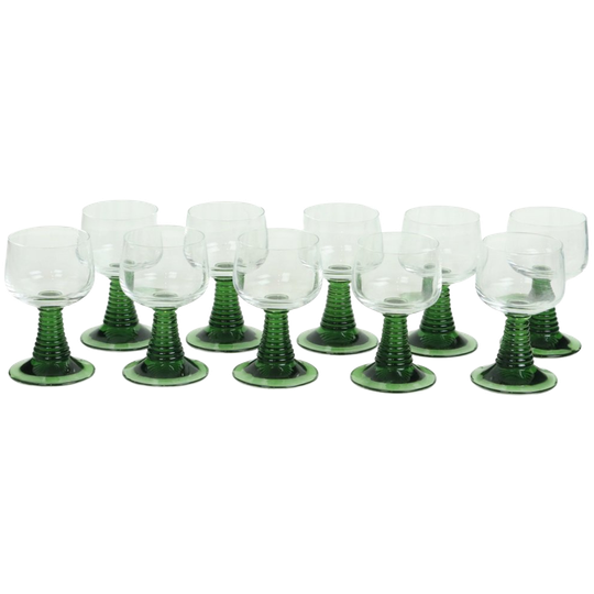 Set Van 10 Vintage Roemer Wijnglazen Groene Geribbelde Voet 1