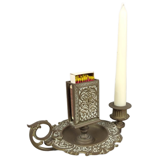 Antieke Messing Kaarsenpan Met Luciferhouder 1