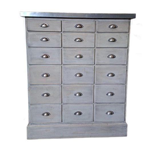 Landelijk Ladekast, Apothekerskast, Archiefkast, Met Metalen Bovenblad Lichte Transportschade Afm. 105x42 En 120cm Hoog. 1