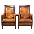 Set Vintage Schapenleren Artdeco Design Fauteuils Met Een Hoge Rug En Afgewerkt Met Hout thumbnail 1