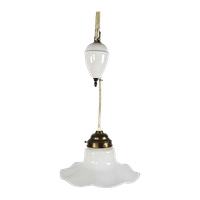 Art Deco - Opaline - Messing - Hanglamp - Pendellamp Met Katrol - 1E Kwart 20E Eeuw